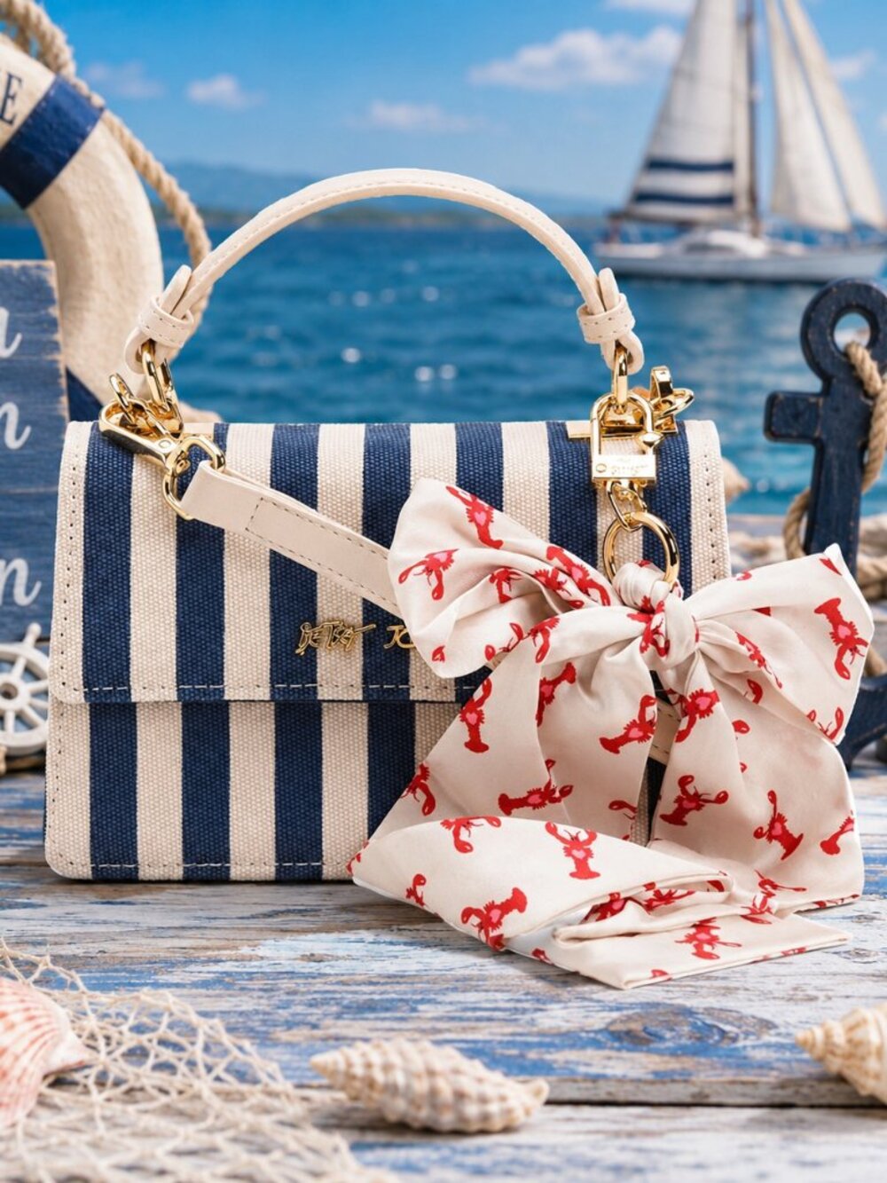 NWT Betsey Johnson Jules Striped Crossbody Bag w/ Lobster Ribbon